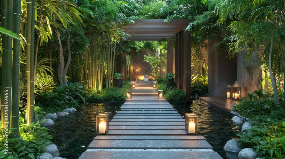 Tranquil Spa Garden Pathway with Lush Bamboo and Lanterns Tranquil Spa Garden Pathway with Lush Bamboo and Lanterns