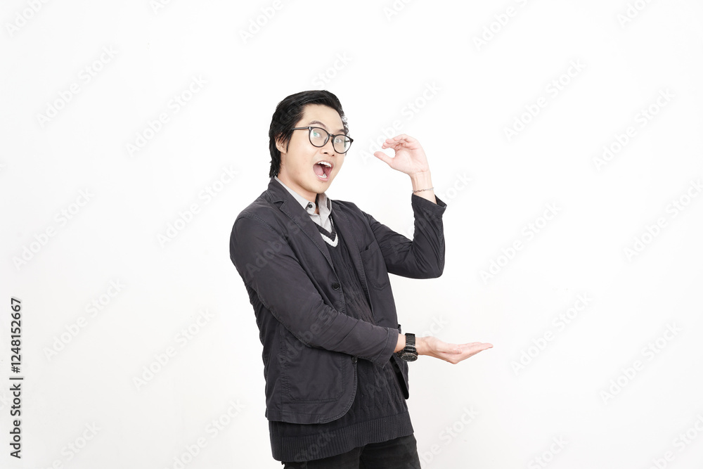 Holding and Presenting copyspace on open palm, Measuring something Of Handsome Asian Man Isolated On White Background Holding and Presenting copyspace on open palm, Measuring something Of Handsome Asian Man Isolated On White Background