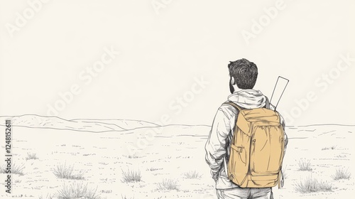 Man Hiking in Desert, Back View, Artistic Illustration photo