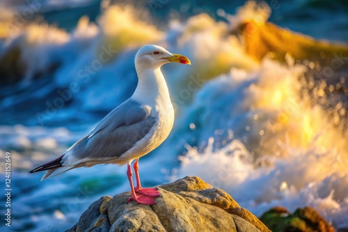 Coastal nature photography: a majestic glaucous gull's rock perch, showcasing its beauty and ocean habitat. photo