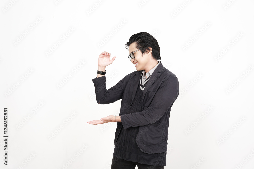 Holding and Presenting copyspace on open palm, Measuring something Of Handsome Asian Man Isolated On White Background Holding and Presenting copyspace on open palm, Measuring something Of Handsome Asian Man Isolated On White Background
