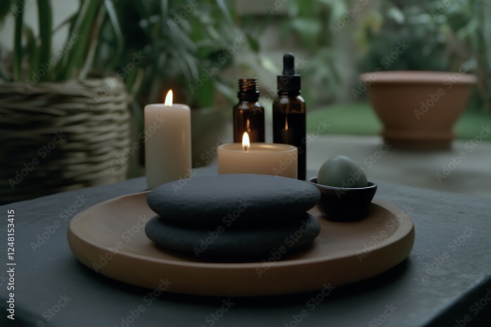 Serene Spa Setting with Candles and Stones Serene Spa Setting with Candles and Stones