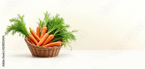 Basket of Fresh Carrots with Green Tops Against White Background
