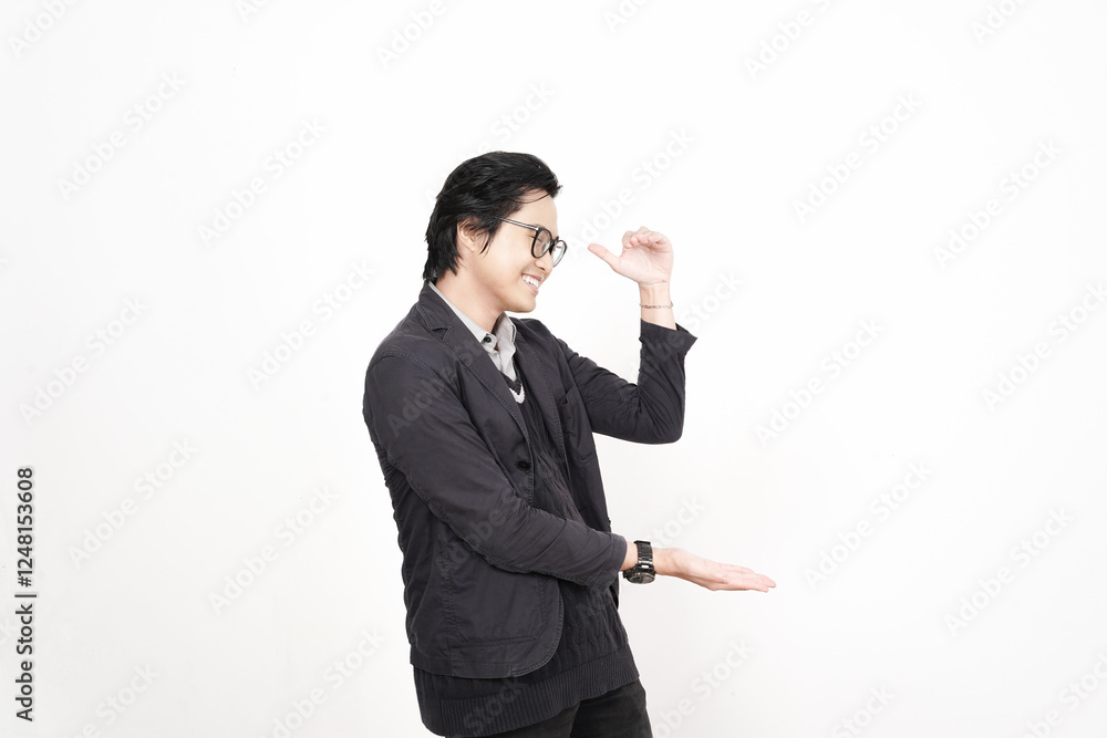 Holding and Presenting copyspace on open palm, Measuring something Of Handsome Asian Man Isolated On White Background Holding and Presenting copyspace on open palm, Measuring something Of Handsome Asian Man Isolated On White Background