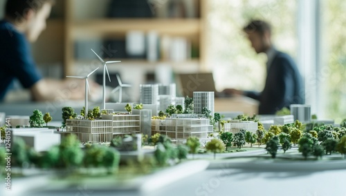 Engineers collaborating on sustainable architecture model with wind turbines, solar panels, and green building design in office