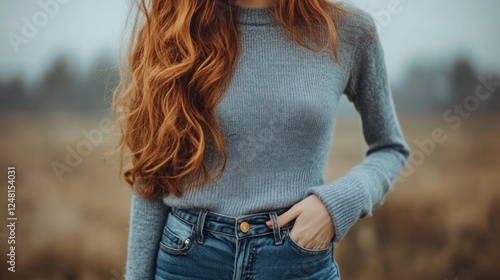 Redhead Woman in Blue Sweater and Jeans