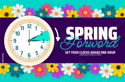 Spring Forward concept 2025 background or banner design. Daylight Saving Time Starts background and cartoon doodle style with clock design. photo