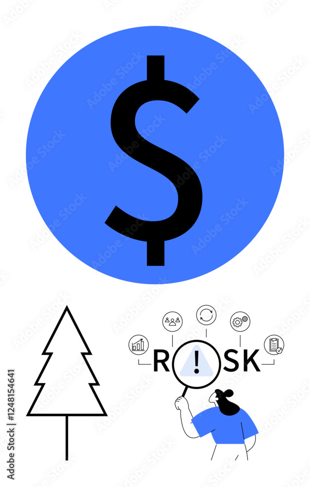 Obraz premium Large dollar symbol, tree outline, and individual inspecting risk elements with a magnifying glass. Ideal for finance, investment, ecology, sustainability, business strategy, risk management
