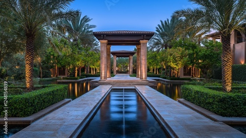Majestic Pavilion Entrance Surrounded by Tranquil Water and Palms