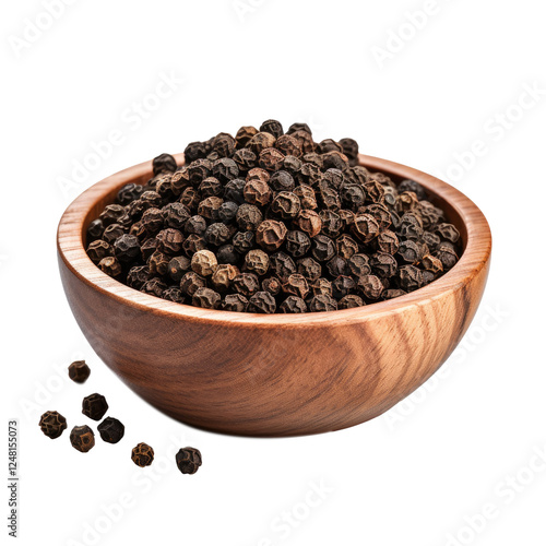  Black pepper in a wooden bowl on transparent background