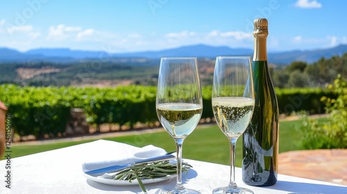 Refreshing wine on vineyard terrace with views.