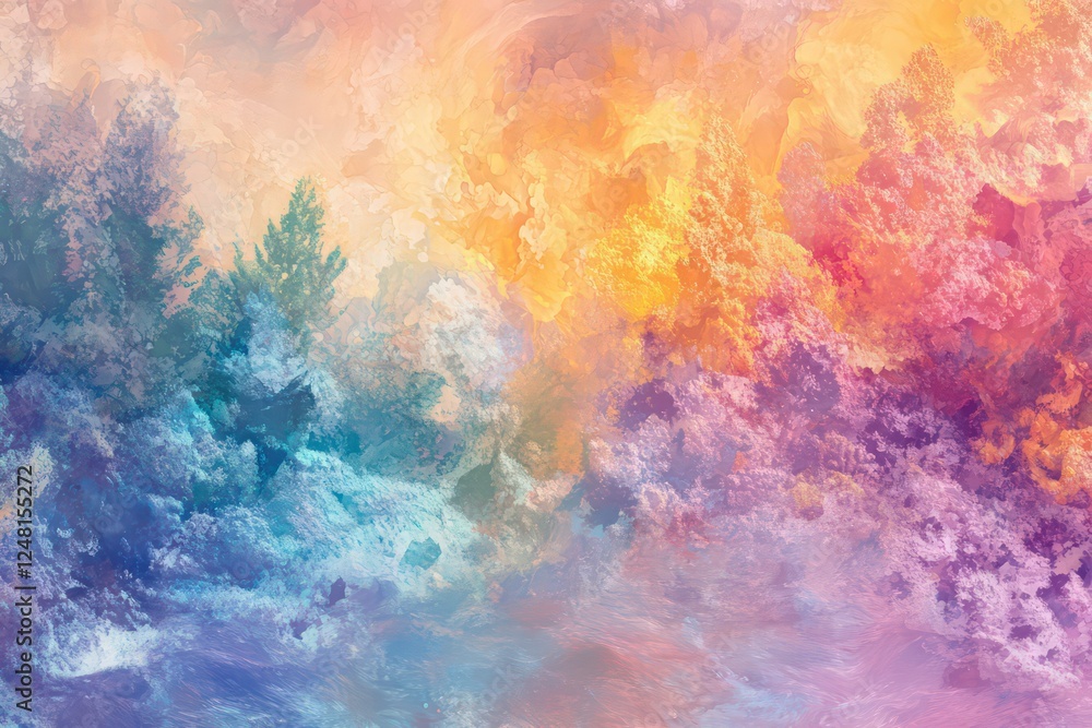 Obraz premium An artistic background featuring fluid, nature-inspired shapes in a spectrum of rainbow colors with soft transitions.