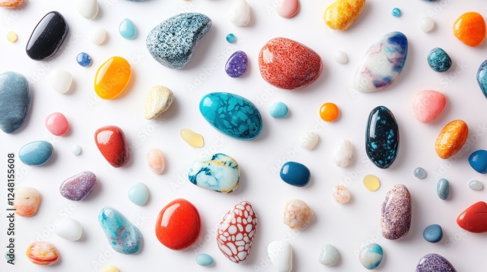 Assorted Polished Gemstones on a White Background for Creative Projects Assorted Polished Gemstones on a White Background for Creative Projects