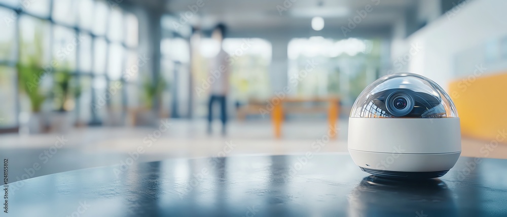 A modern security camera captured in an office setting, showcasing technology and surveillance in a contemporary environment. A modern security camera captured in an office setting, showcasing technology and surveillance in a contemporary environment.