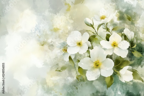 An artistic composition of white flowers and greenery in a watercolor style, creating a light and elegant background.