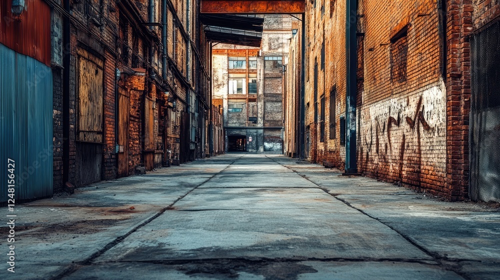 Fototapeta premium A weathered alley with old, crumbling buildings and an empty podium for displaying high-end packaging in an industrial atmosphere.