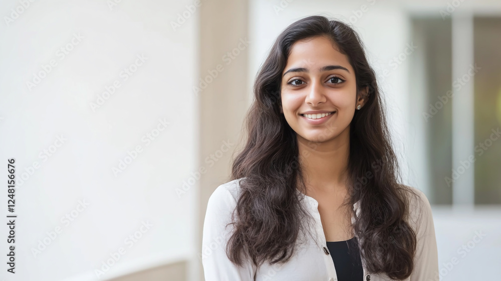 Confident Indian Female Medical Student Standing Proudly on University Campus Against a White Background Confident Indian Female Medical Student Standing Proudly on University Campus Against a White Background