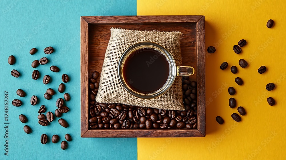 Drip bag coffee on wooden tray with coffee beans isolated on a colorful background