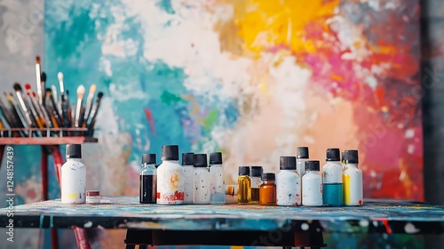 Easel with chemical bottles scattered isolated on a colorful background