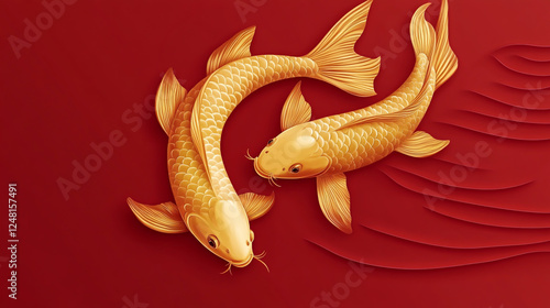 Elegant Chinese New Year design featuring luxurious golden koi carp fish on a rich red background, symbolizing prosperity and good fortune