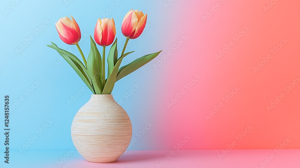 Embossed birchwood vase with tulips near almond biscotti isolated on a colorful background