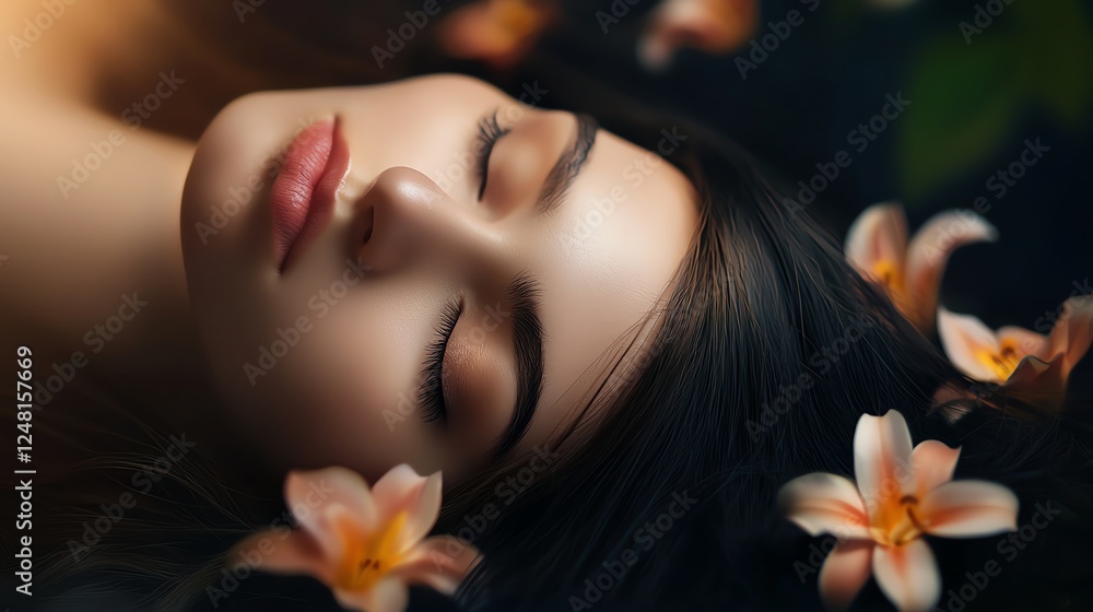 A serene portrait of a woman resting amidst delicate flowers, evoking tranquility and natural beauty. A serene portrait of a woman resting amidst delicate flowers, evoking tranquility and natural beauty.