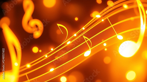 A golden wave of light and musical notes creates a bright, abstract background
