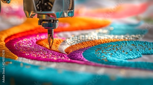 Obraz na płótnie Embroidery and application with embroidery machine close up and selective focus isolated on a colorful background w salonie