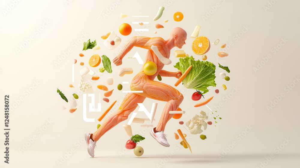 Fototapeta premium dynamic running figure made entirely of fresh fruits and vegetables, showcasing health and vitality