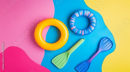 Obraz na płótnie Enflatable rings and flippers isolated on a colorful background w salonie