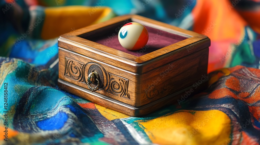 Engraved wooden jewelry box with a billiard ball isolated on a colorful background
