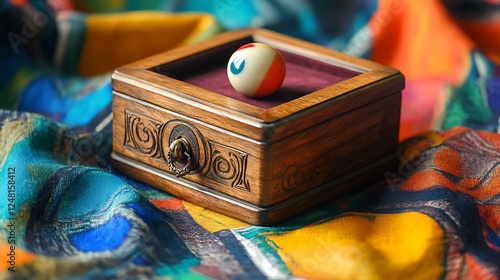 Obraz na płótnie Engraved wooden jewelry box with a billiard ball isolated on a colorful background w salonie