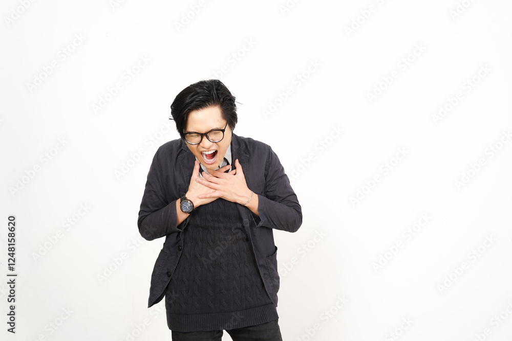 coughing gesture Of Handsome Asian Man Isolated On White Background coughing gesture Of Handsome Asian Man Isolated On White Background