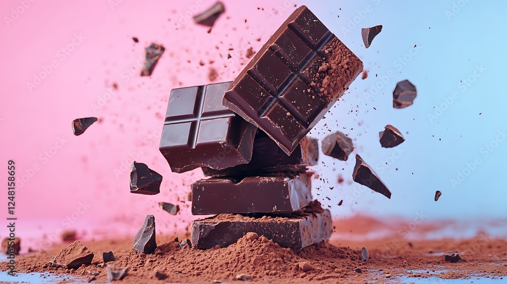 Falling broken chocolate bars with cocoa powder stack of dark chocolate pieces isolated on a colorful background