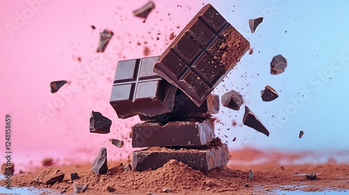 Obraz na płótnie Falling broken chocolate bars with cocoa powder stack of dark chocolate pieces isolated on a colorful background w salonie
