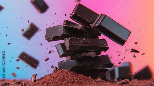 Obraz na płótnie Falling broken chocolate bars with cocoa powder stack of dark chocolate pieces isolated on a colorful background w salonie