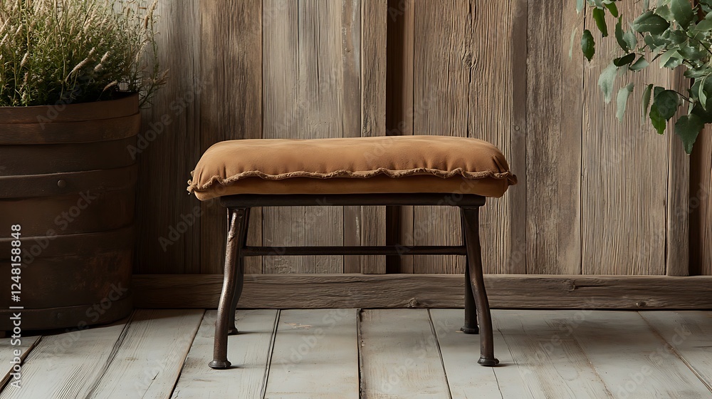 Farmers footstool furnishings with an earthy weathered finish metal legs and a rustic country style storing seat
