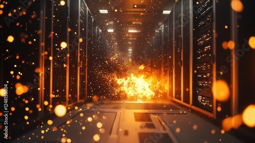 An explosion in a data center with fire and sparks, showcasing a catastrophic failure of infrastructure, overheating systems, and cybersecurity breaches during a crisis.