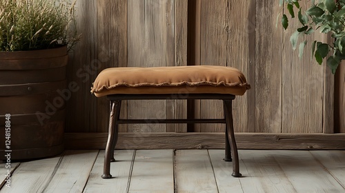 Obraz na płótnie Farmers footstool furnishings with an earthy weathered finish metal legs and a rustic country style storing seat w salonie