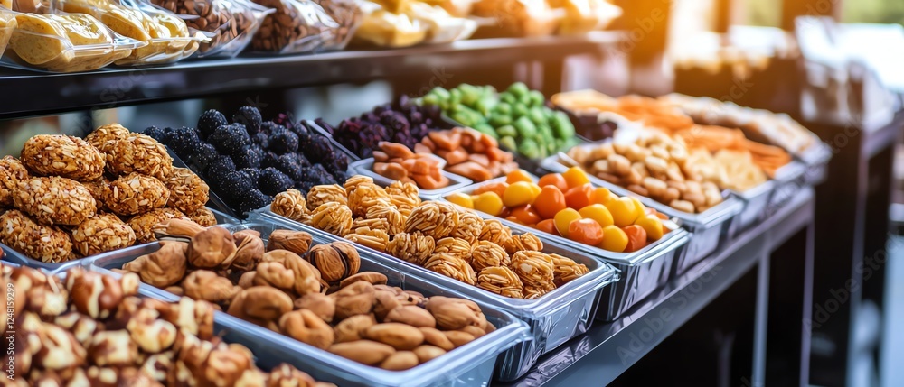 A vibrant display of assorted snacks and fruits in a market stall, showcasing an array of textures and colors. A vibrant display of assorted snacks and fruits in a market stall, showcasing an array of textures and colors.