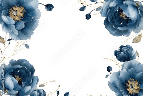 Fototapeta Naklejka Na Ścianę i Meble -  An elegant floral border featuring hand-painted blue peonies intertwined with thin golden lines on a white backdrop.
