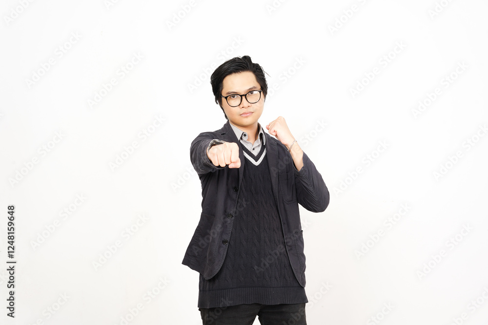 Serious face making a fist for fight Of Handsome Asian Man Isolated On White Background