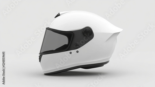 3d motorcycle helmet. White motor bike hat icon. Realistic scooter safety helm illustration. Racer gp plastic accessory with black belt mockup side and front view. Blank extreme pilot headwear mock up