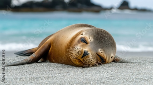 Playful Sea Lion Relaxing on Sandy Beach Under Blue Sky photo