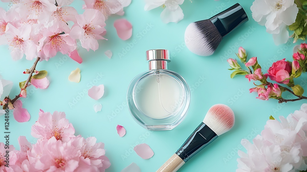 Flowers circle perfume bottle and make up brush isolated on a colorful background