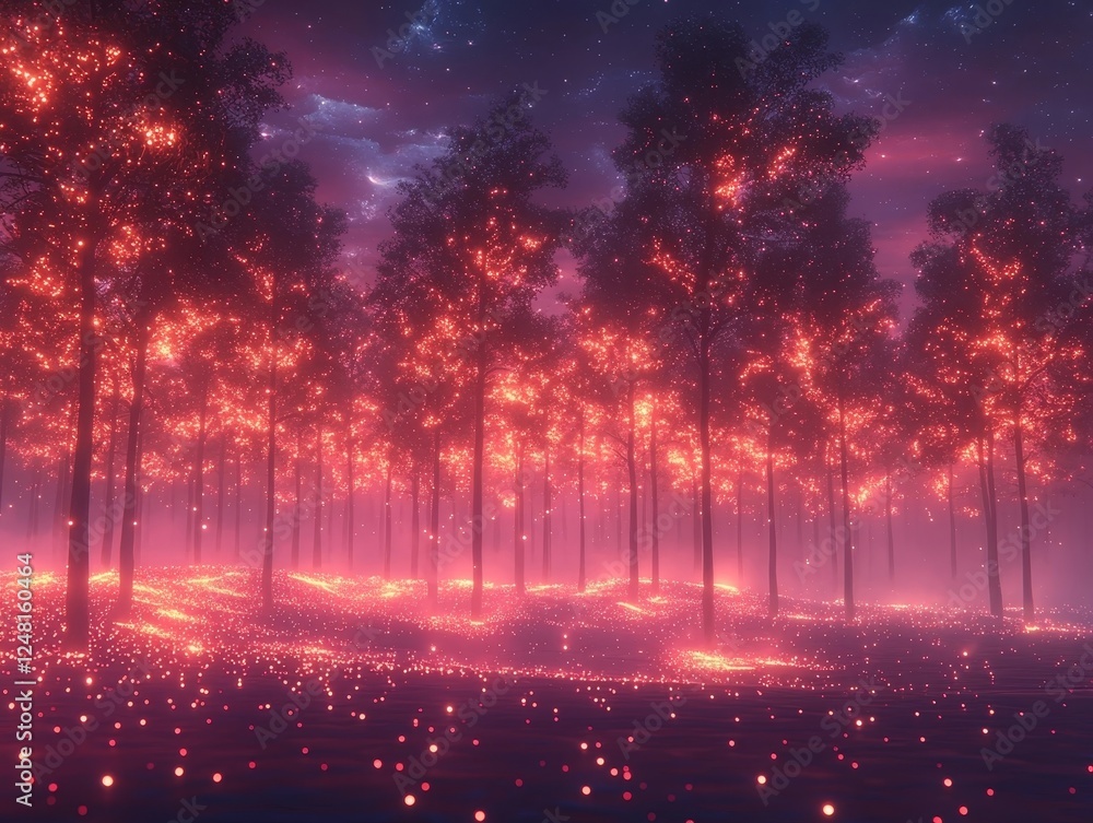 Naklejka premium Enchanting Electric Fireflies Glowing in Surreal Neon Forest with Pulsating Dreamlike Ambiance