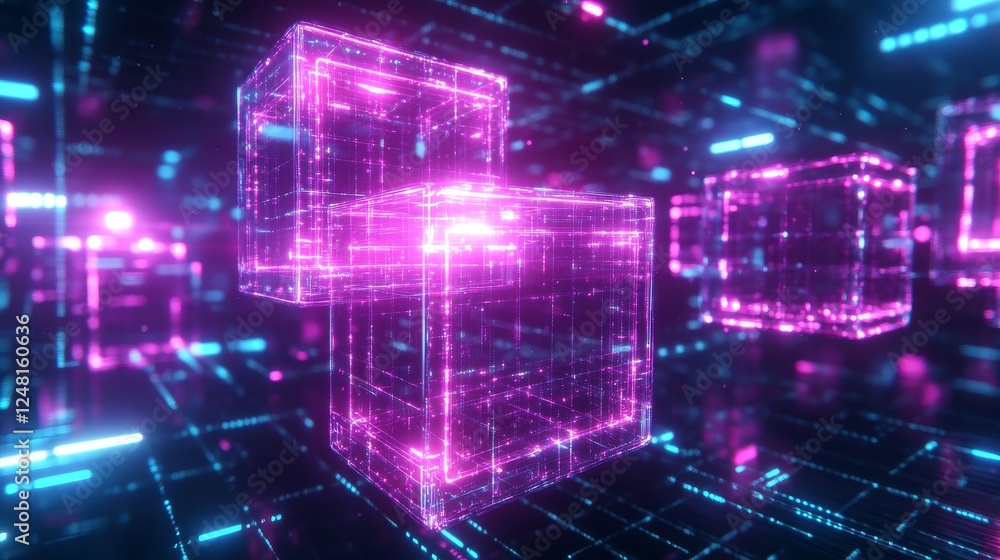Abstract Digital Cubes Neon Glowing Network Data Stream Futuristic Technology Background Abstract Digital Cubes Neon Glowing Network Data Stream Futuristic Technology Background