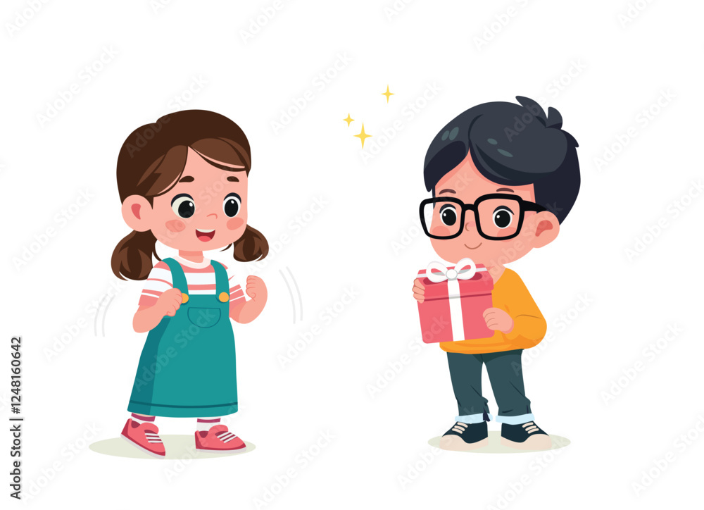 happy cute kid boy give present to friend happy cute kid boy give present to friend