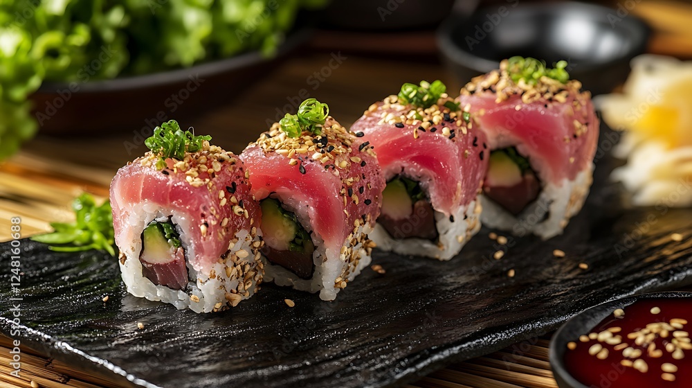 Food and mouthwatering hand rolled tuna on a made of bamboo floor