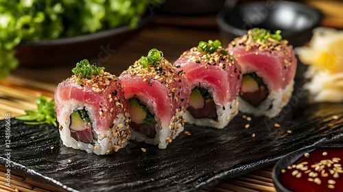 Food and mouthwatering hand rolled tuna on a made of bamboo floor